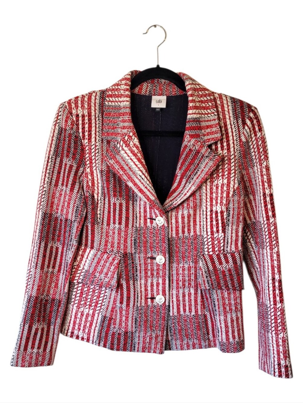 Cabi Red Plaid Tweed Stetch Knit Blazer Jacket Size S